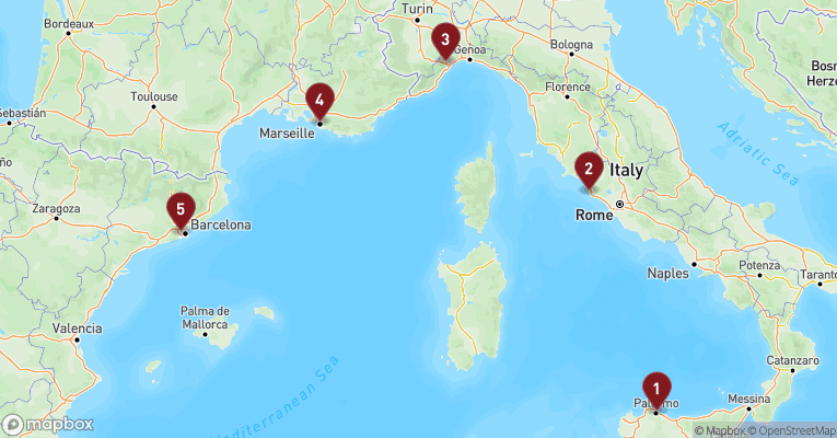 Kort over Middelhavet fra Palermo - Sicilien med Costa Smeralda