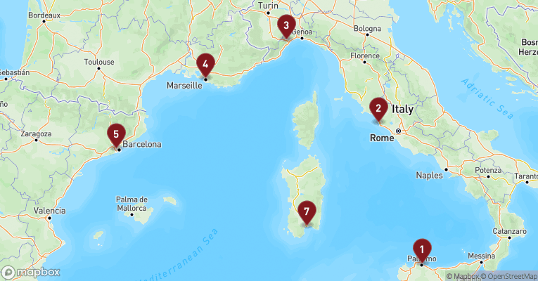 Kort over Middelhavet fra Palermo - Sicilien med Costa Smeralda