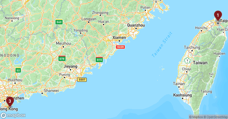 Kort over Asien & det Indiske Ocean fra Taipei med Costa Serena