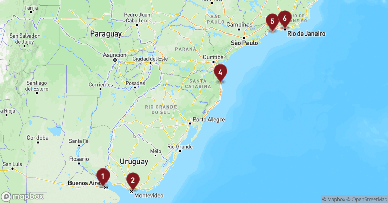 Kort over Sydamerika fra Buenos Aires med Costa Serena