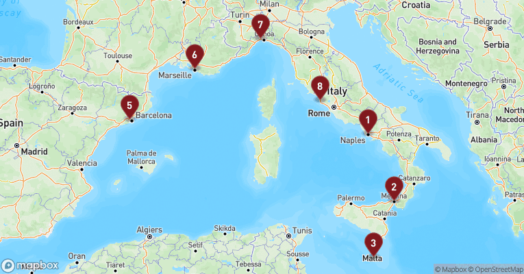 Kort over Middelhavet fra Napoli med MSC World Europa