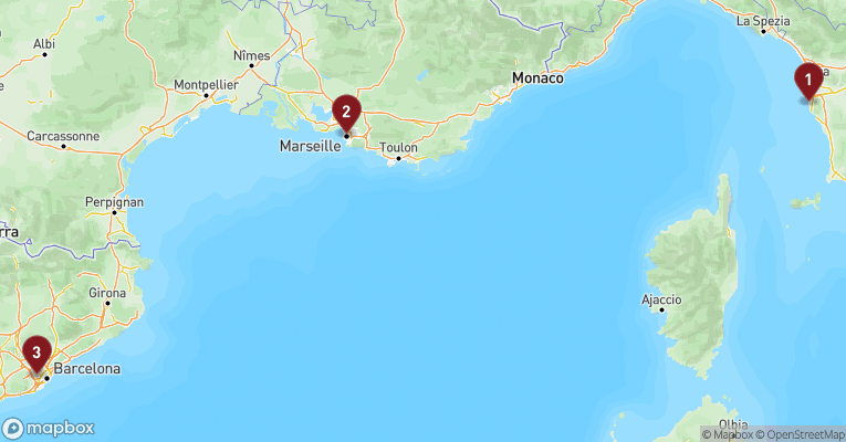 Kort over Middelhavet fra Livorno med MSC Meraviglia