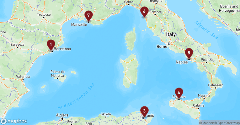 Kort over Middelhavet fra Barcelona med MSC Meraviglia