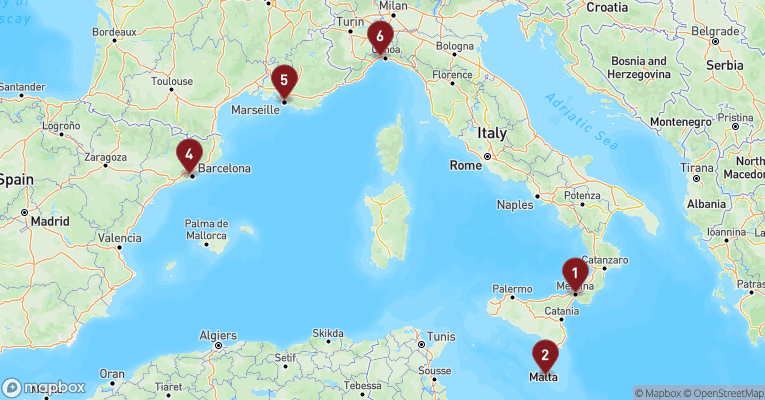 Kort over Middelhavet fra Messina - Sicilien med MSC World Europa