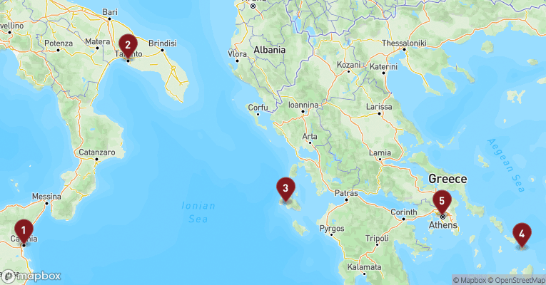 Kort over Middelhavet fra Catania - Sicilien med Costa Fascinosa