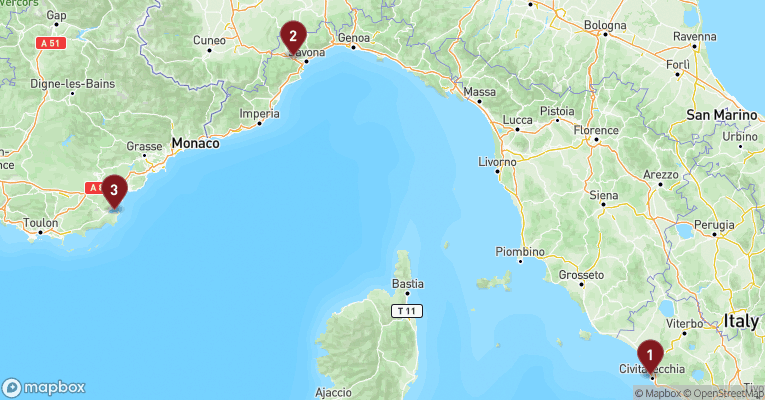 Kort over Middelhavet fra Civitavecchia - Rom med Costa Pacifica