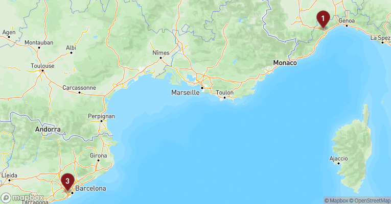 Kort over Middelhavet fra Savona med Costa Fascinosa