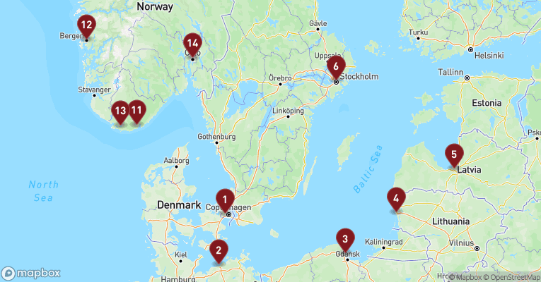 Kort over Baltikum fra København med MSC Magnifica