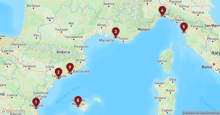 Kort over Middelhavet fra Valencia med MSC Sinfonia