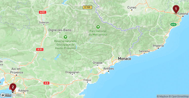 Kort over Middelhavet fra Savona med Costa Fascinosa