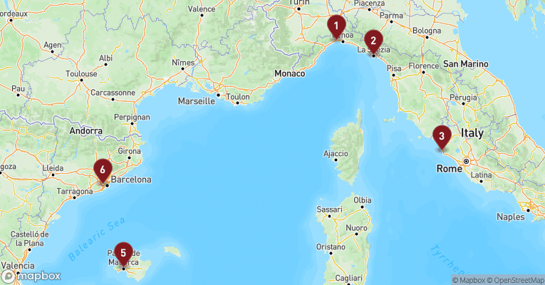 Kort over Middelhavet fra Genova med MSC Grandiosa