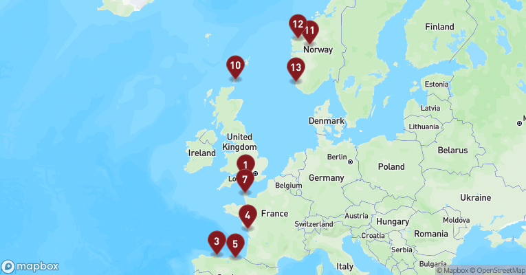 Kort over Norge fra Southampton med MSC Meraviglia