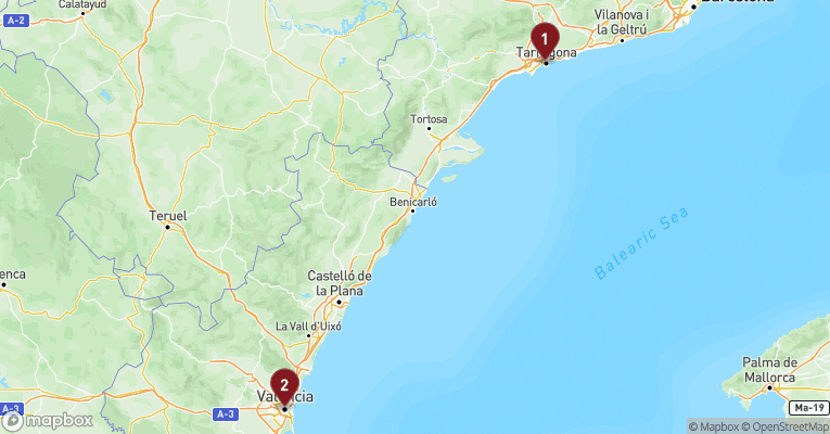 Kort over Middelhavet fra Tarragona med MSC Orchestra
