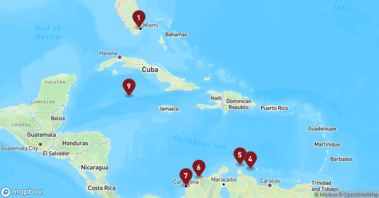 Kort over Caribien & Bahamas fra Miami med EXPLORA I