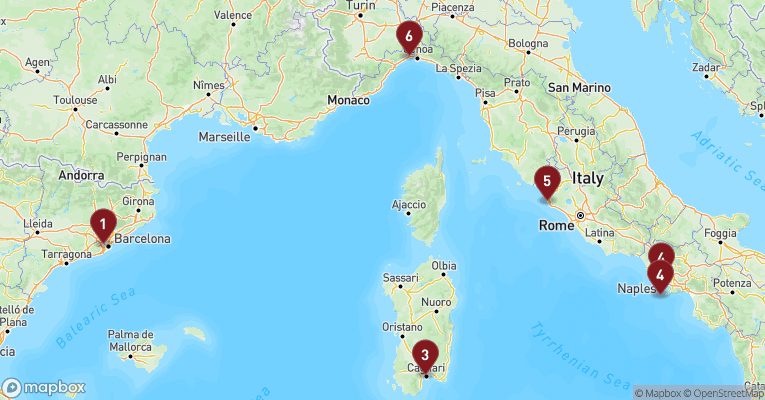 Kort over Middelhavet fra Barcelona med Costa Toscana