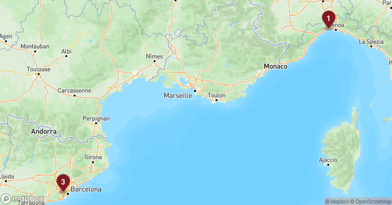 Kort over Middelhavet fra Genova med MSC Euribia