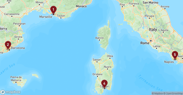 Kort over Middelhavet fra Marseille med Costa Toscana