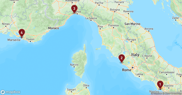Kort over Middelhavet fra Napoli med Costa Toscana