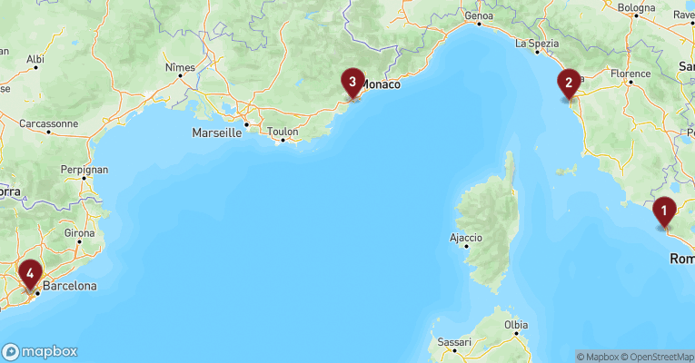 Kort over Middelhavet fra Civitavecchia - Rom med MSC Fantasia