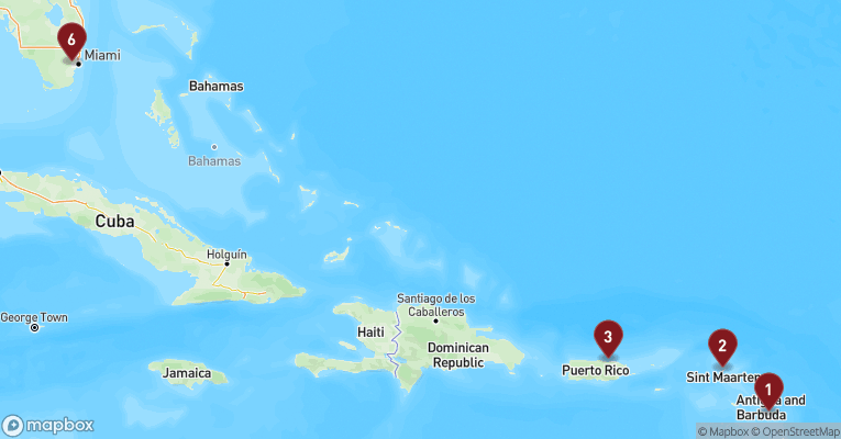 Kort over Caribien & Bahamas fra St. John's med EXPLORA I