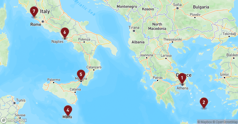 Kort over Middelhavet fra Athen med EXPLORA II