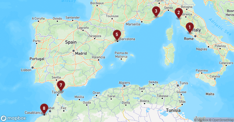 Kort over Middelhavet fra Civitavecchia - Rom med EXPLORA II