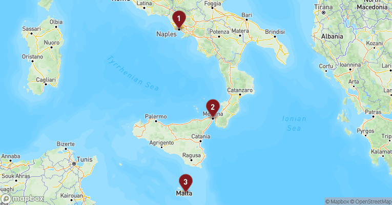 Kort over Middelhavet fra Napoli med MSC World Europa