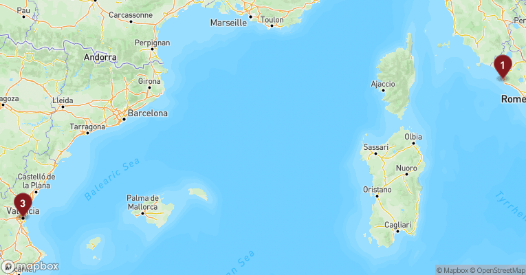 Kort over Middelhavet fra Civitavecchia - Rom med MSC Sinfonia