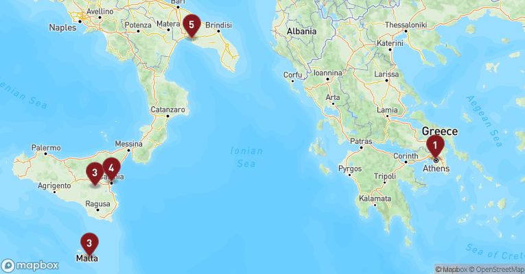 Kort over Middelhavet fra Athen med Costa Fascinosa