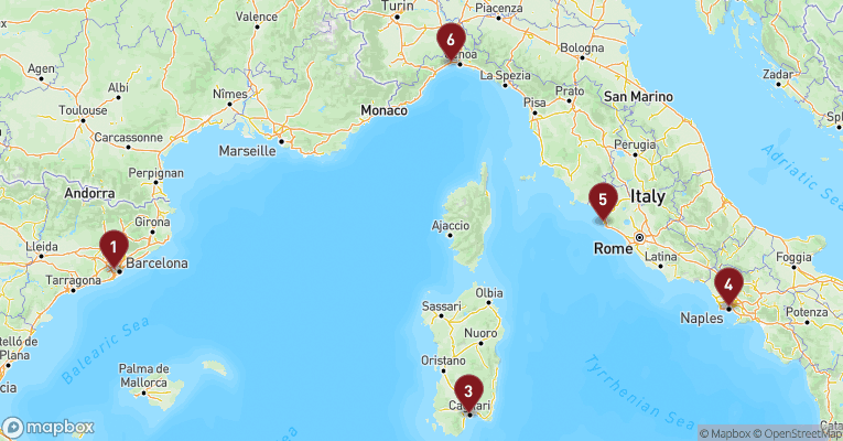 Kort over Middelhavet fra Barcelona med Costa Toscana