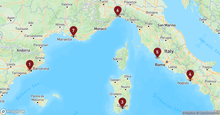 Kort over Middelhavet fra Barcelona med Costa Toscana