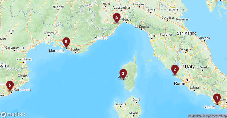 Kort over Middelhavet fra Napoli med Costa Fascinosa