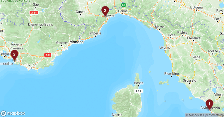 Kort over Middelhavet fra Civitavecchia - Rom med Costa Smeralda