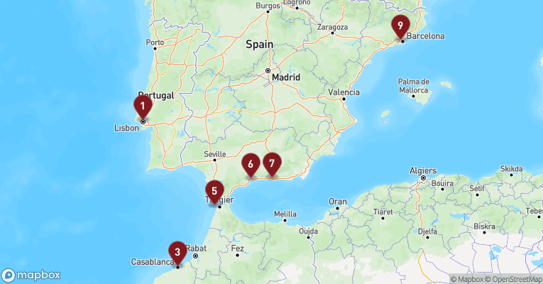 Kort over Middelhavet fra Lissabon med EXPLORA I
