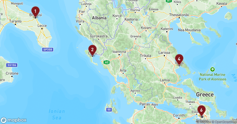 Kort over Middelhavet fra Brindisi med EXPLORA II