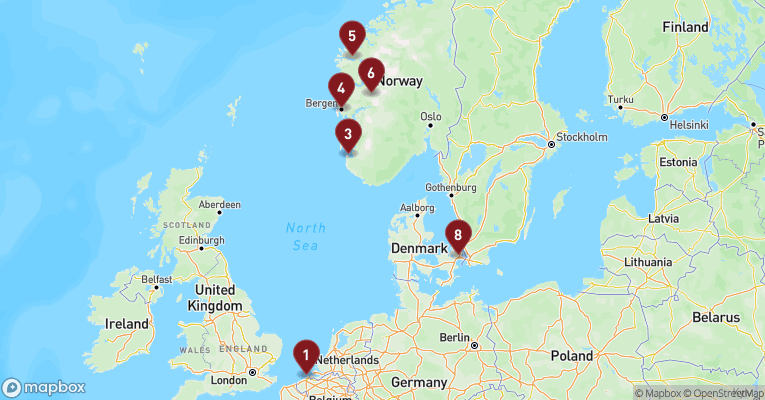 Kort over Norge fra Zeebrugge med EXPLORA IV