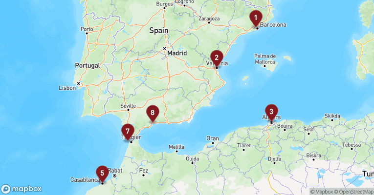 Kort over Middelhavet fra Barcelona med EXPLORA V