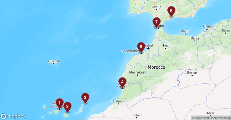 Kort over Kanarieøerne fra Santa Cruz - Tenerife med EXPLORA V