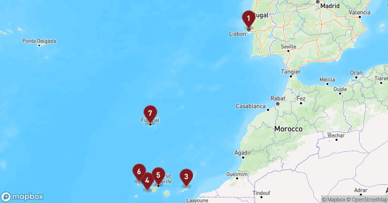 Kort over Middelhavet fra Lissabon med EXPLORA V