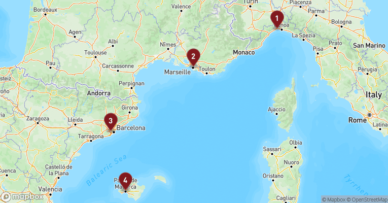 Kort over Middelhavet fra Genova med Costa Toscana