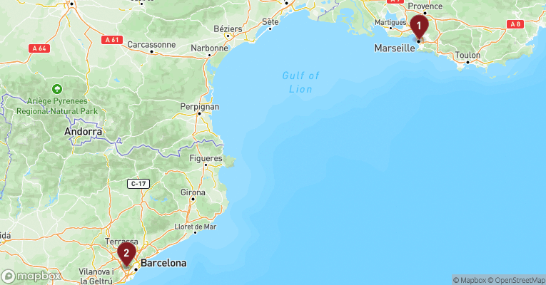 Kort over Middelhavet fra Marseille med Costa Toscana