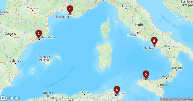Kort over Middelhavet fra Marseille med MSC Meraviglia