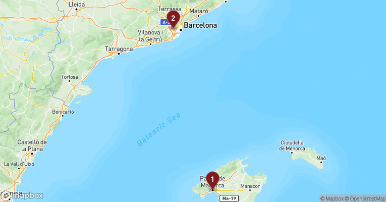 Kort over Middelhavet fra Palma de Mallorca med MSC Grandiosa