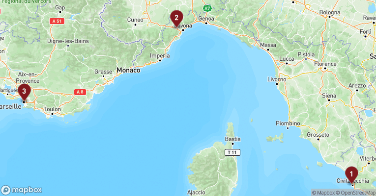 Kort over Middelhavet fra Civitavecchia - Rom med Costa Pacifica