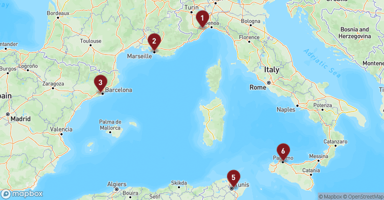 Kort over Middelhavet fra Savona med Costa Pacifica