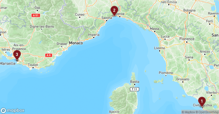 Kort over Middelhavet fra Civitavecchia - Rom med Costa Toscana