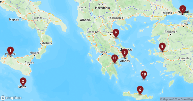 Kort over Middelhavet fra Palermo - Sicilien med Costa Pacifica
