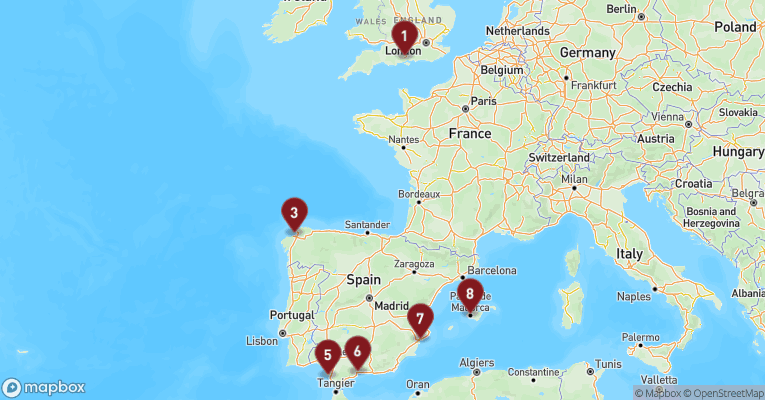 Kort over Middelhavet fra Southampton med MSC Virtuosa