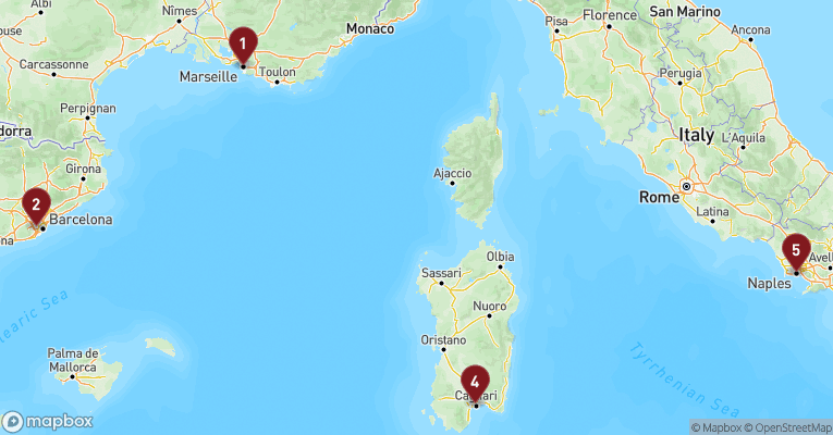 Kort over Middelhavet fra Marseille med Costa Toscana